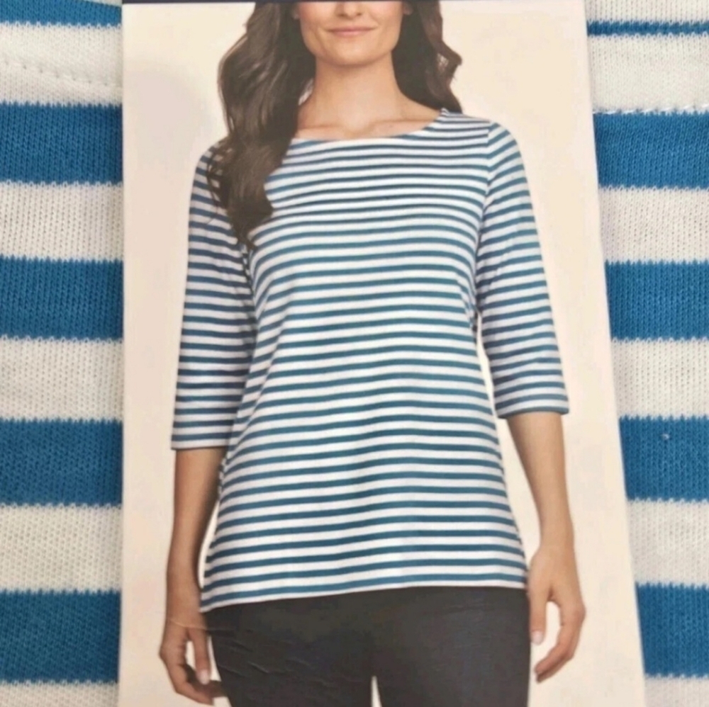 NWT Lands' End 3/4 Sleeve Boat Neck‎ Pima Cotton Tee Blue/White Stripes